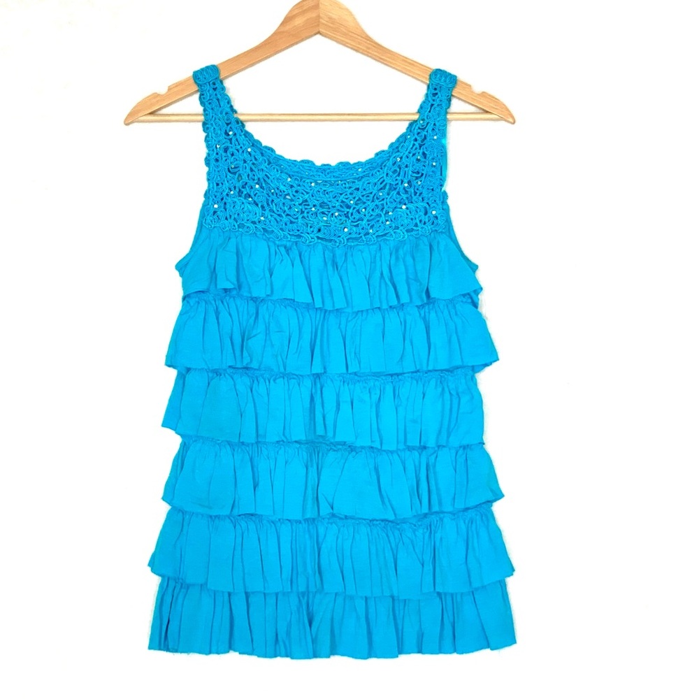 LaSeine Turquoise Blue Tiered Ruffle Top w/ Crochet Jeweled Neckline Small